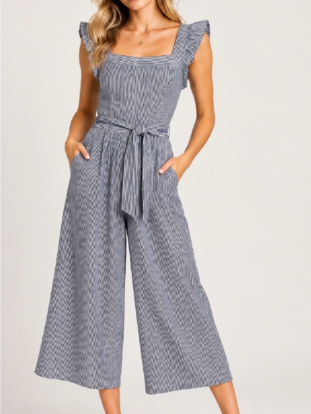 Striped Square-Neck Wide-Leg Jumpsuit in Navy